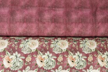 Preview: 1,00 m French Terry angeraut Rose & Echeveria auf Jeansoptik Beere